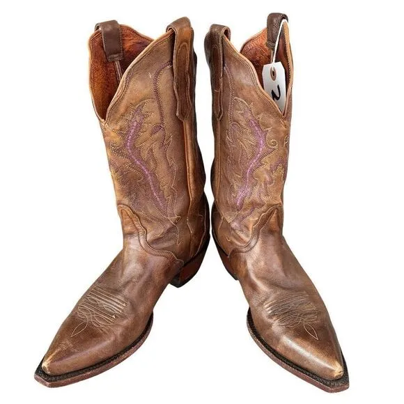 Nocona Women's Brown Leather Western Boots Pointed Toe Purple Stitching 7B