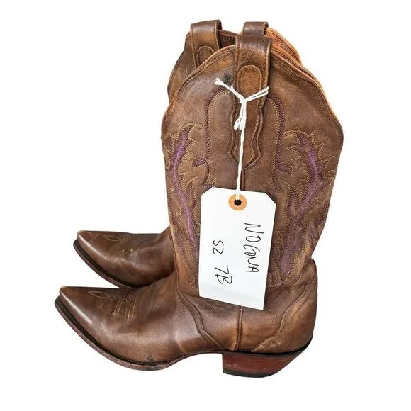 Nocona Women's Brown Leather Western Boots Pointed Toe Purple Stitching 7B
