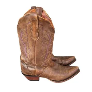 Nocona Women's Brown Leather Western Boots Pointed Toe Purple Stitching 7B