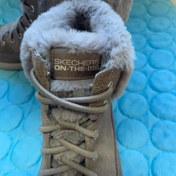 NWOB Skechers Winter Chill 14611 On the Go Brown Suede Faux Fur Boots Size 8.5