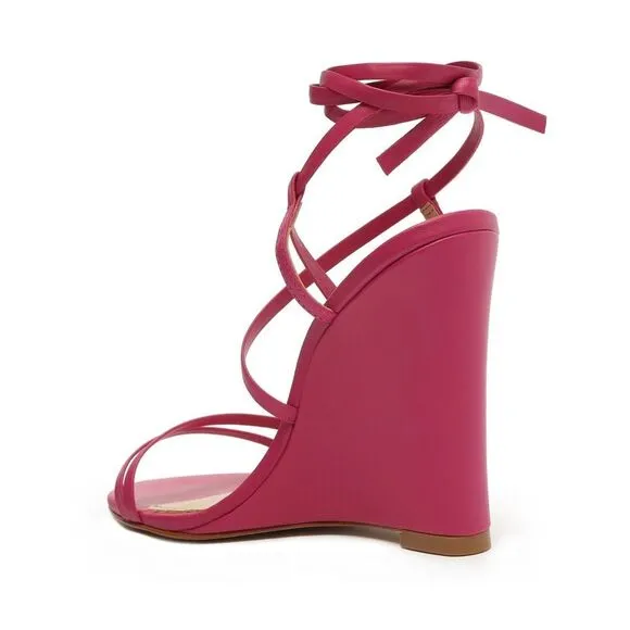 NWOB SCHUTZ Deonne Casual Nappa Leather Lace Up Wedge Sandals in Hot Pink Size 8