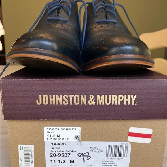 NWOT Johnston &amp; Murphy Men's Navy Italian Calfskin Dress Shoes, Size 11.5M