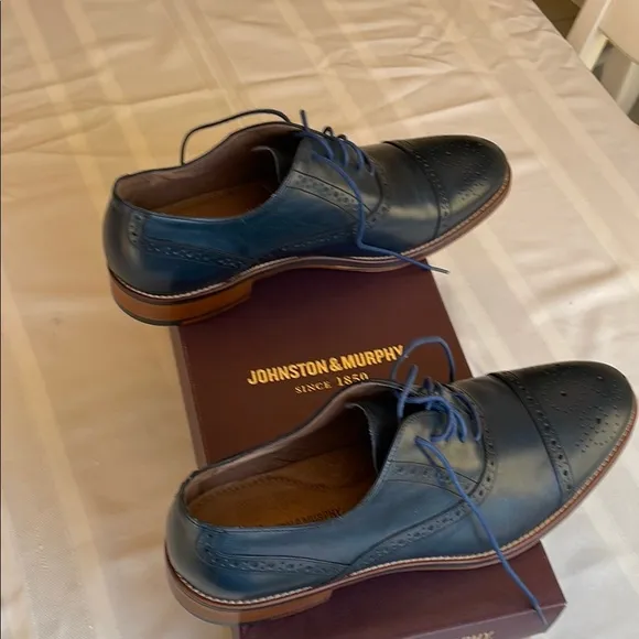 NWOT Johnston &amp; Murphy Men's Navy Italian Calfskin Dress Shoes, Size 11.5M