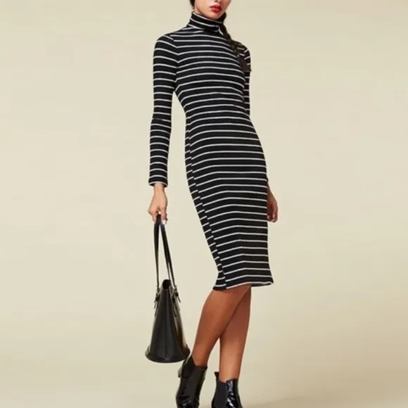 Nwot Reformation Lucien Striped Rib Turtleneck Dress