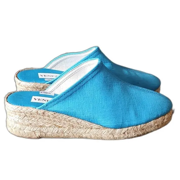 NWOT Venezia Silk Espadrilles Wedge Heel NOS Size 8 Striking Blue Handmade Y2K