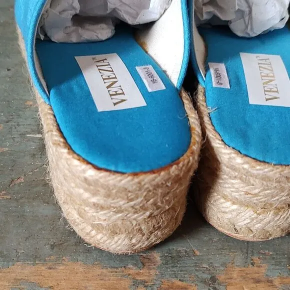 NWOT Venezia Silk Espadrilles Wedge Heel NOS Size 8 Striking Blue Handmade Y2K