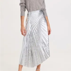 NWT! A.L.C. Tori Silver Metallic Vegan Leather Pleated Midi Skirt