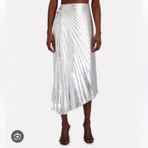 NWT! A.L.C. Tori Silver Metallic Vegan Leather Pleated Midi Skirt