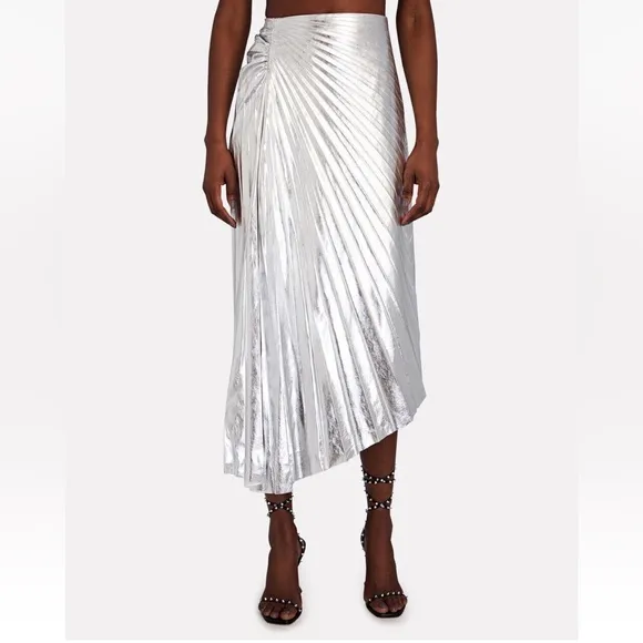 NWT! A.L.C. Tori Silver Metallic Vegan Leather Pleated Midi Skirt