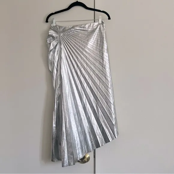 NWT! A.L.C. Tori Silver Metallic Vegan Leather Pleated Midi Skirt