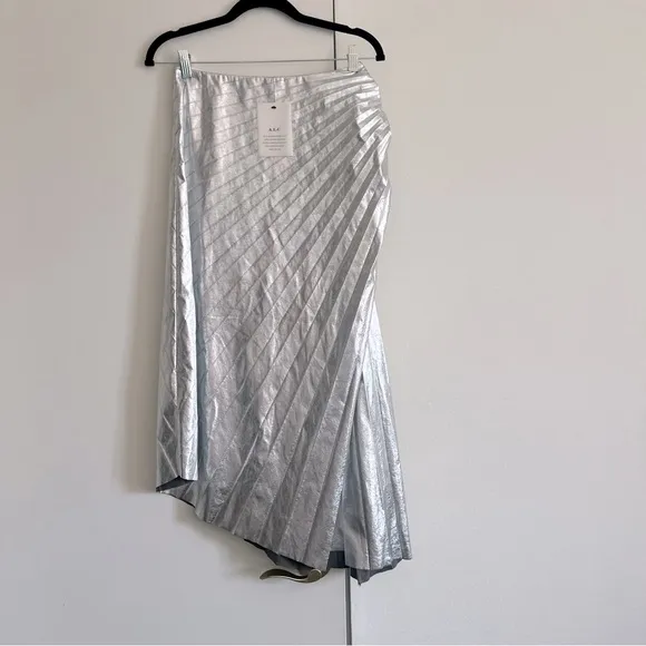 NWT! A.L.C. Tori Silver Metallic Vegan Leather Pleated Midi Skirt
