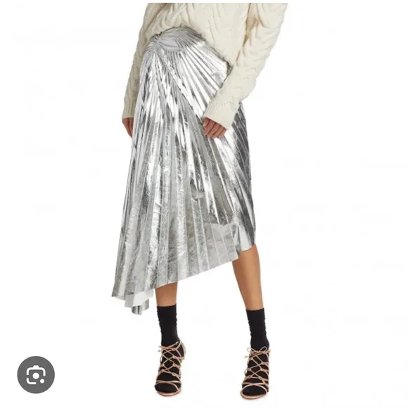 NWT! A.L.C. Tori Silver Metallic Vegan Leather Pleated Midi Skirt