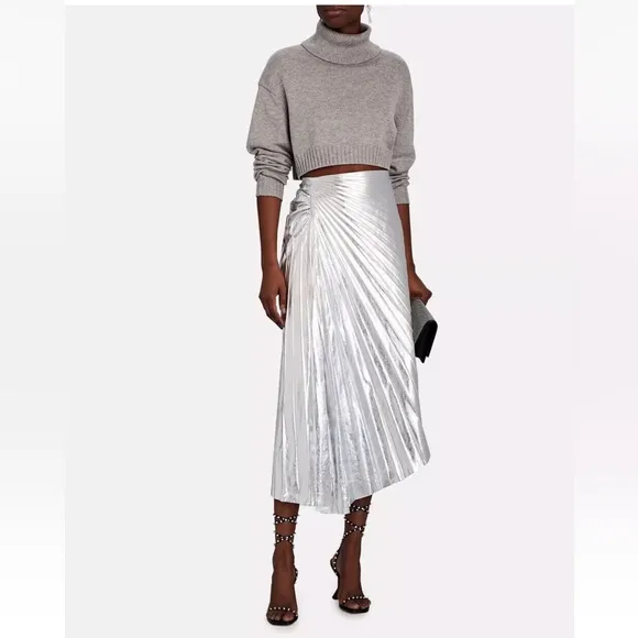 NWT! A.L.C. Tori Silver Metallic Vegan Leather Pleated Midi Skirt