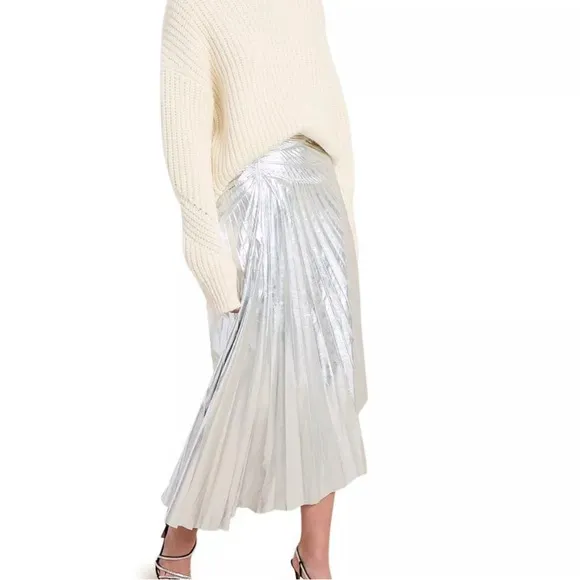NWT! A.L.C. Tori Silver Metallic Vegan Leather Pleated Midi Skirt