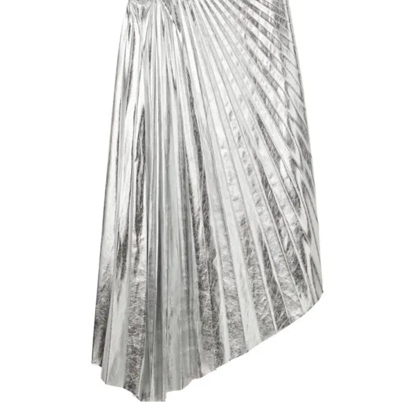 NWT! A.L.C. Tori Silver Metallic Vegan Leather Pleated Midi Skirt