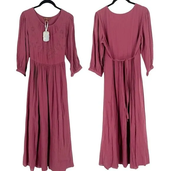 NWT April Cornell Portrait Maxi Dress Embroidered Tiered Skirt Purple XS 53&quot;L