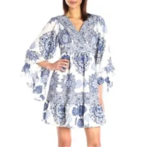 NWT Betsey Johnson Dress - Floral Boho Bell Sleeve White/Blue (SZ 8) Retail $148