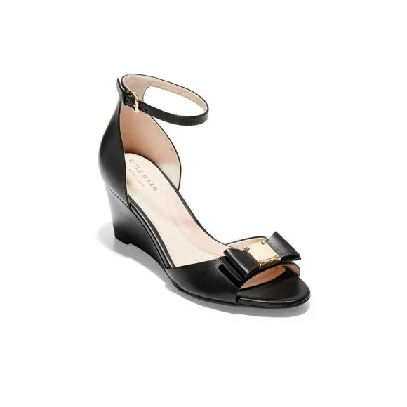 NWT COLE HAAN Womens Black Metallic Logo Tali Round Toe Wedge Sandals 11 B