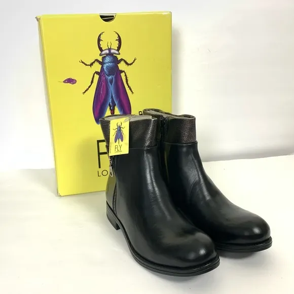 NWT FLY London Leather Zip-Up Ankle Boots Abys Black size 40