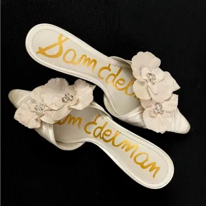 NWT in Box Sam Edelman Bella Kitten Heel Mule Modern Ivory Satin Sandal Floral