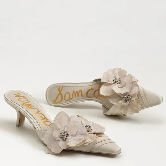 NWT in Box Sam Edelman Bella Kitten Heel Mule Modern Ivory Satin Sandal Floral