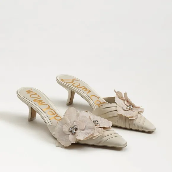 NWT in Box Sam Edelman Bella Kitten Heel Mule Modern Ivory Satin Sandal Floral