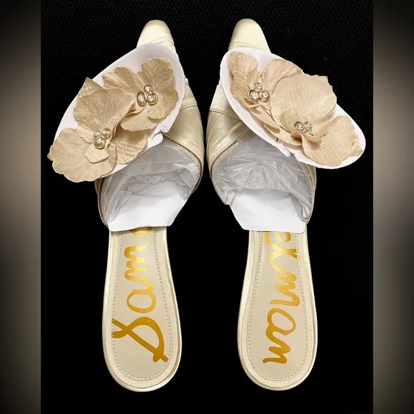 NWT in Box Sam Edelman Bella Kitten Heel Mule Modern Ivory Satin Sandal Floral