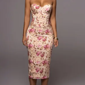 NWT • JLUXLABEL • WOMENS BEIGE NORAH SKIRT SET • SMALL • SILHOUETTE FORM FITTING