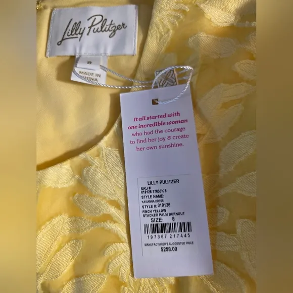 NWT Lilly Pulitzer Kavianna Dress Color: Finch Yellow Stacked Palm Burnout SZ 8