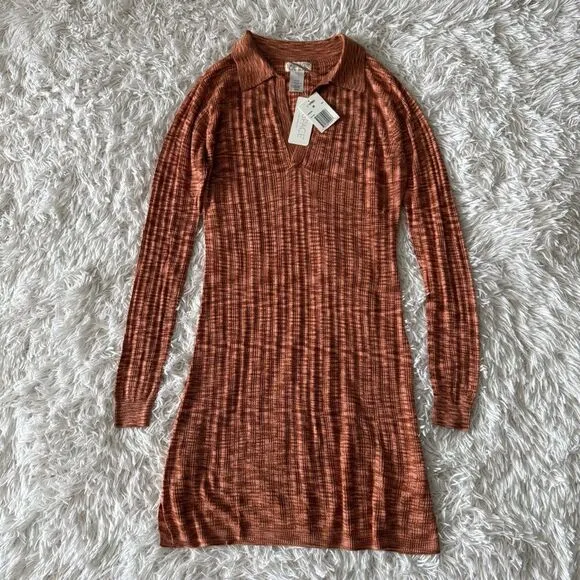 NWT L*SPACE Aria Copper Orange Spacedye Ribbed Knit Long Sleeve Dress Size M