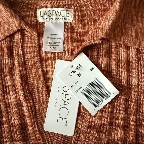 NWT L*SPACE Aria Copper Orange Spacedye Ribbed Knit Long Sleeve Dress Size M