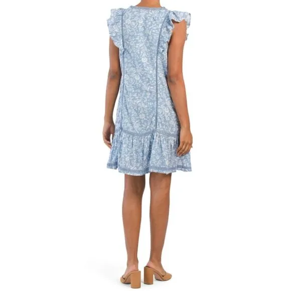 NWT Lucky Brand Lace Trim Ruffle Shoulder Flounce Floral Mini Dress