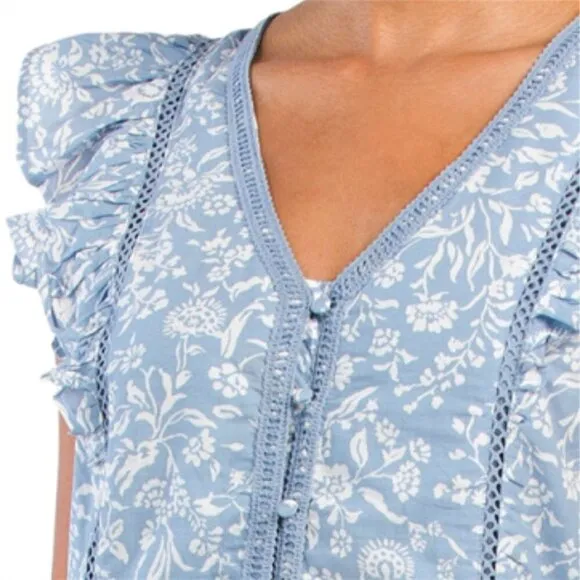 NWT Lucky Brand Lace Trim Ruffle Shoulder Flounce Floral Mini Dress