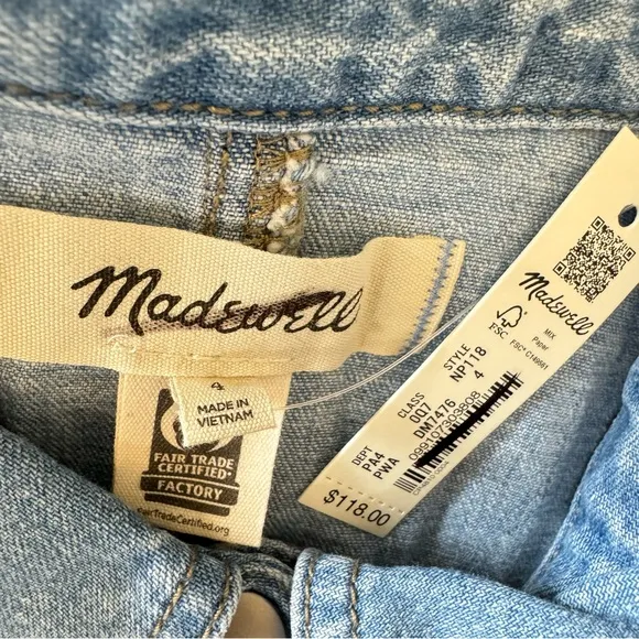 NWT Madewell Denim Seamed Mini Shirtdress in Palermo Wash NP118 Blu Snap Closure