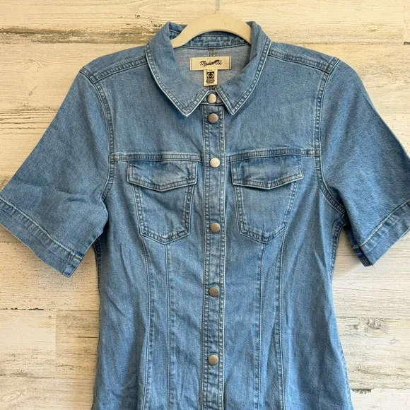 NWT Madewell Denim Seamed Mini Shirtdress in Palermo Wash NP118 Blu Snap Closure