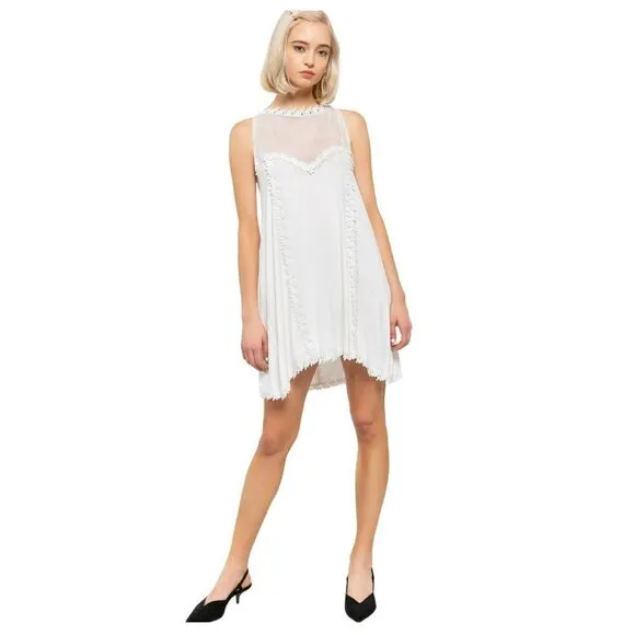 NWT POL Boho Mesh Yoke Crochet Lace Trim Hi-Low Hem Mini Dress