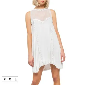 NWT POL Boho Mesh Yoke Crochet Lace Trim Hi-Low Hem Mini Dress
