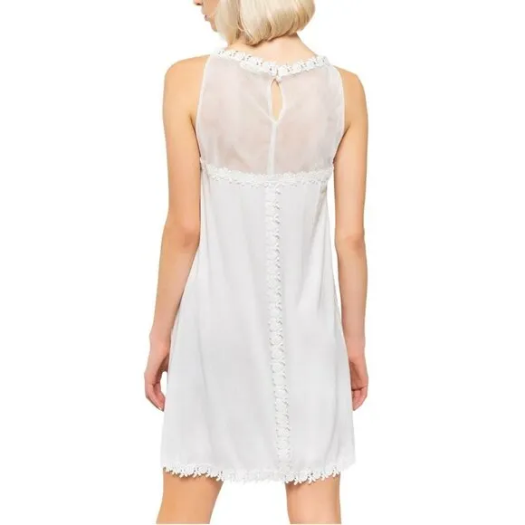 NWT POL Boho Mesh Yoke Crochet Lace Trim Hi-Low Hem Mini Dress