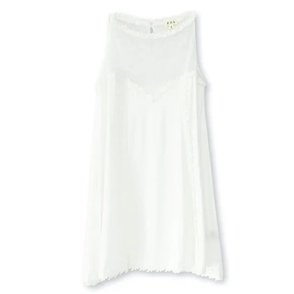 NWT POL Boho Mesh Yoke Crochet Lace Trim Hi-Low Hem Mini Dress