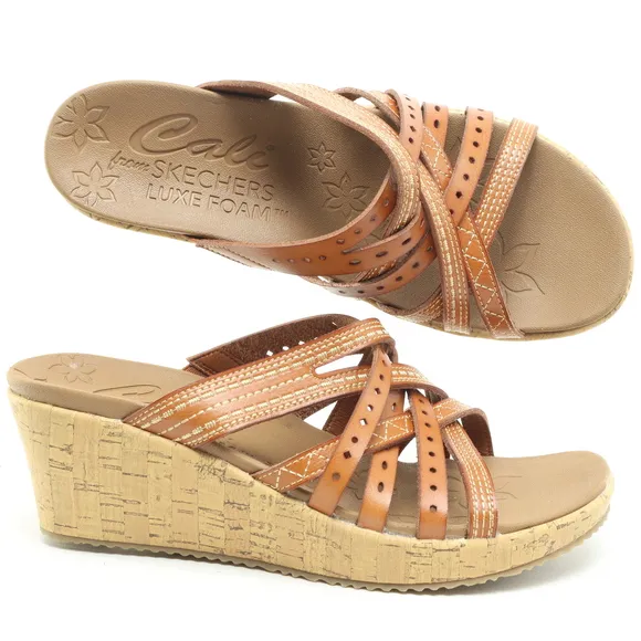 NWT Skechers Beverlee Leather Strappy Sandals Women US9 EU39 Brown/Tan