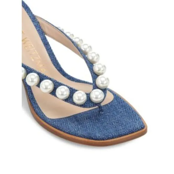 NWT STUART WEITZMAN Womens Blue Denim Goldie Slip On Heeled Thong Sandals 5.5 M