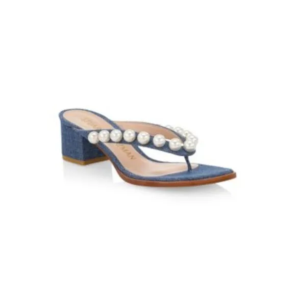 NWT STUART WEITZMAN Womens Blue Denim Goldie Slip On Heeled Thong Sandals 5.5 M