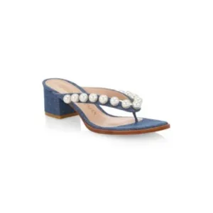 NWT STUART WEITZMAN Womens Blue Denim Goldie Slip On Heeled Thong Sandals 5.5 M