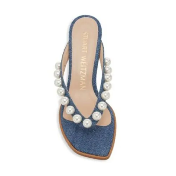 NWT STUART WEITZMAN Womens Blue Denim Goldie Slip On Heeled Thong Sandals 5.5 M