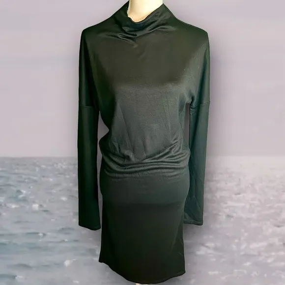 NWT Theory Black ‘Mock-Cowl Neck Long Sleeve Drapey Jersey Knit Midi Dress’ P