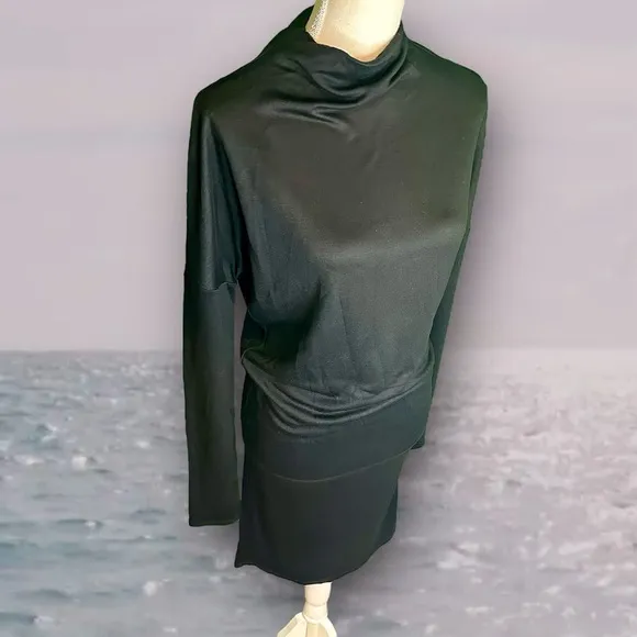 NWT Theory Black ‘Mock-Cowl Neck Long Sleeve Drapey Jersey Knit Midi Dress’ P