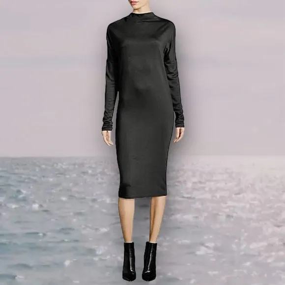 NWT Theory Black ‘Mock-Cowl Neck Long Sleeve Drapey Jersey Knit Midi Dress’ P