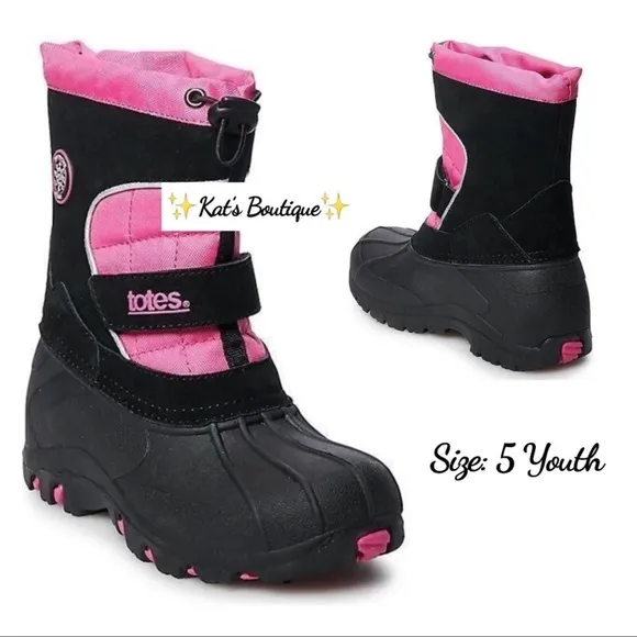 (NWT) Totes Big Kids Jaclyn Black/Pink  Winter Boots, Size: 5 (Youth)