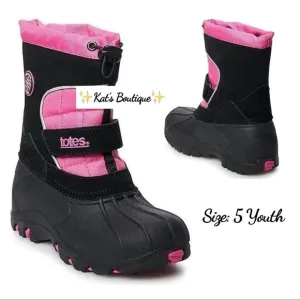 (NWT) Totes Big Kids Jaclyn Black/Pink  Winter Boots, Size: 5 (Youth)