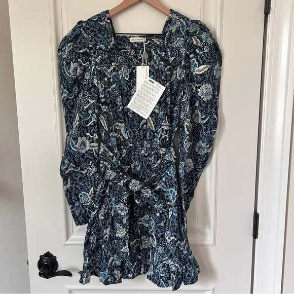 NWT Ulla Johnson Nailah Paisley Printed Puff Sleeve Blue Belted Mini Dress Sz 10